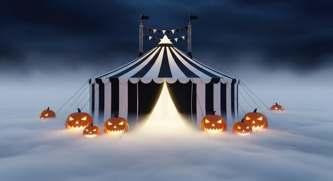 Spooky striped circus tent stands in rolling fog with carved orange pumpkins glowing, creating a festive yet haunting holiday horror scene, landscape, moody, orange