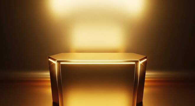 Stunning golden podium with a polished metallic surface and soft lighting, perfect for high-end event displays and luxury presentations, interior, elegant, glow