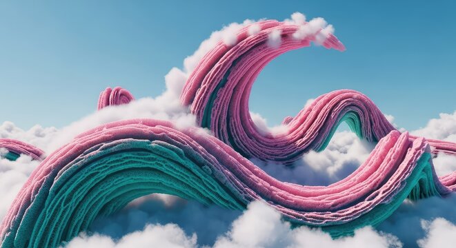 Surreal organic formations blending cloud-like softness with coral textures flow in pink and teal curves against a bright, clear sky, coral, biology, structures