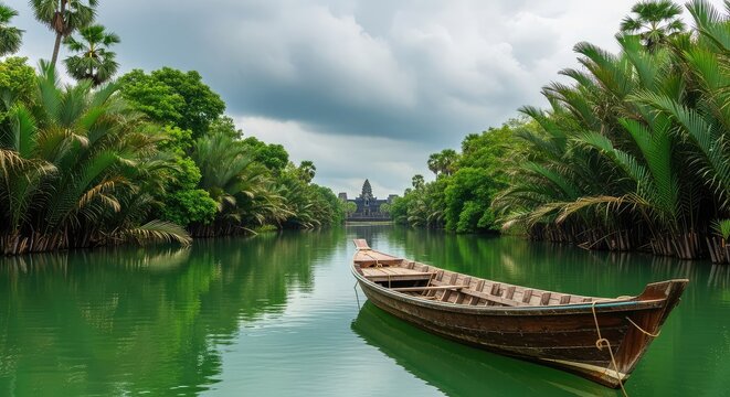 Traditional wooden boat drifts on calm tropical waterways under monsoon clouds, surrounded by dense green palms and a distant ancient temple, river, landscape, wooden