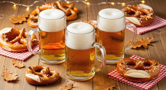 Traditional wooden table set with large foaming glass mugs filled with cold golden beer, freshly baked salted pretzels and festive decor, festival, brewing, head