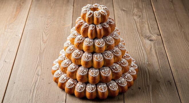 Traditional tiered wreath cake featuring golden almond rings decorated with white icing patterns, set on a rustic wooden table backdrop, glaze, wood, table