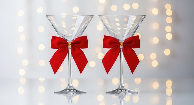 Two elegant crystal martini glasses stand side by side, decorated with velvet red bows, perfect for a celebration or holiday party setting, dark background, still life, martini glass