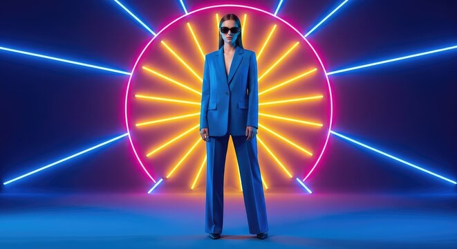 Vibrant electric blue professional attire stands out against a neon backdrop, highlighting visionary style with explosive color contrast, strategy, bold, portrait
