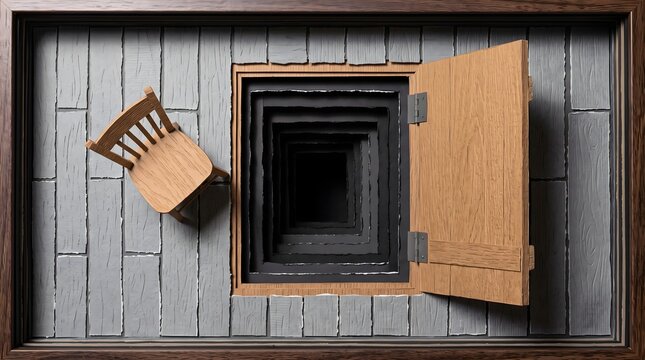 An open wooden trapdoor reveals an infinite dark abyss beside a small chair, representing a journey into the deep unknown of the human subconscious mind.