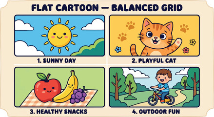 Fototapeta premium Cartoon grid displays scenes of a sun, playful cat, healthy fruit snacks, and a boy riding a bike.