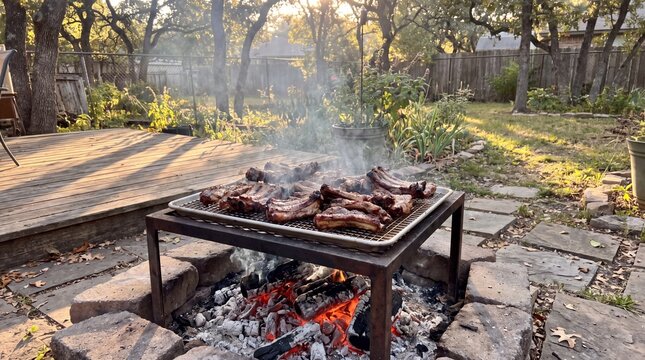 Meat ribs roasting on grate over open fire pit in backyard at sunset