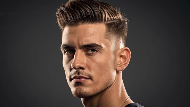 Handsome young adult male showcasing modern haircut with clean side fade and textured top against dark studio background
