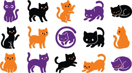 Obraz premium Halloween Cute cartoon cat icon set, feline character collection, playful kitty illustrations in orange, black, purple, vector graphics for toys and children's design elements isolated on White