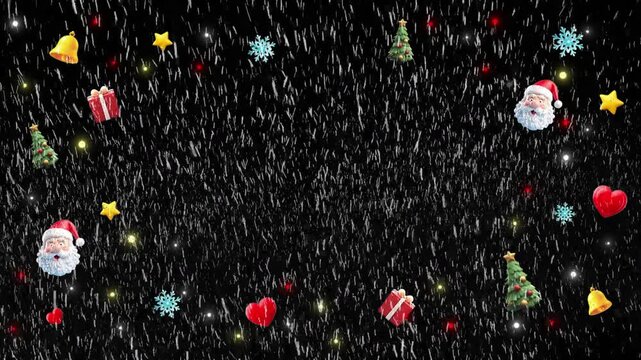Festive christmas icons floating against a dark night sky with heavy falling snow particles with panoramic view christmas displays wide panoramic