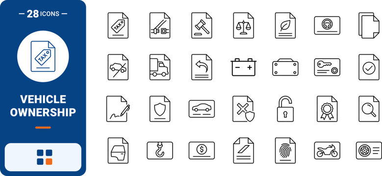 Automotive ownership records line icon set. Vector pictograms of document, vehicle, registry, and transfer elements, thin linear illustration.