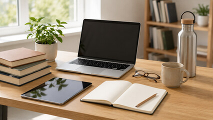 Fototapeta premium Modern wooden home office desk with laptop and stationery