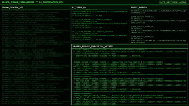 Global Threat Intelligence AI Surveillance Hacker Terminal Screen Animation With Facial Recognition.