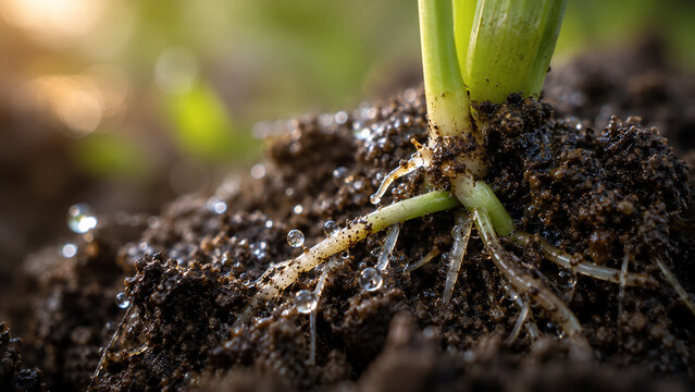 Extreme close-up of young plant roots growing in dark moist soil