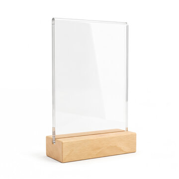 Generic blank clear acrylic holiday sign card plaque on wooden base isolated on white.