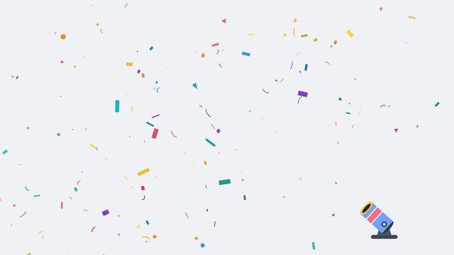 Confetti cannons firing colorful particles on a white background. 4K Video