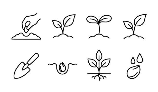 Planting Seedling and Leaf Editable Line Icon Vector Set