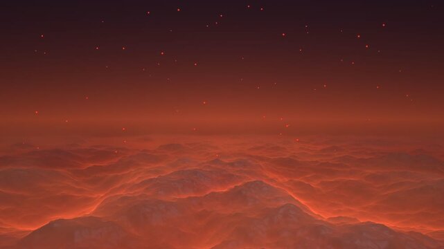 Fiery red clouds on an alien planet surface under starry sky. 4K Video