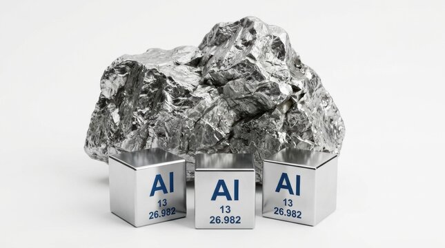 Raw aluminum ore nugget with metallic cubes showing chemical element symbol.