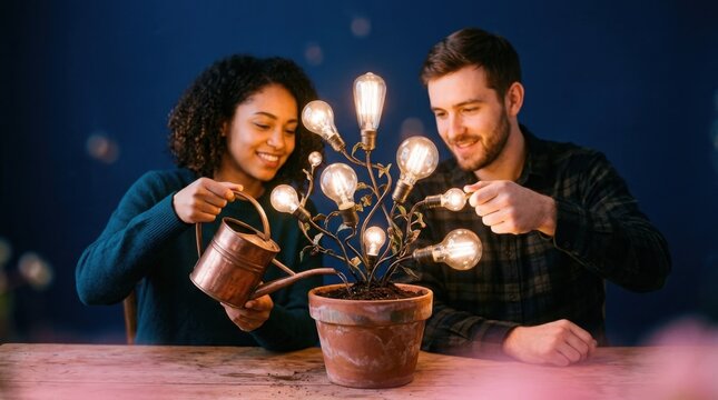 Diverse couple watering a glowing light bulb plant, creative business innovation concept