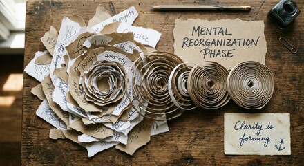 Naklejka premium Torn Paper Spirals Representing Mental Reorganization Phase on Wooden Surface