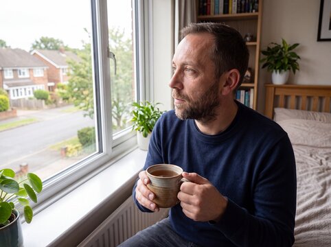 A contemplative man with a beard sits on his bed near a bright window while holding a warm mug of tea and looking outside during the morning