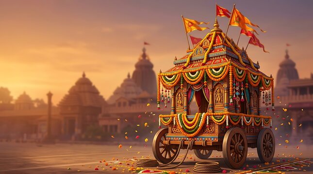 Traditional ornate chariot used in an Indian religious festival procession near an ancient temple.