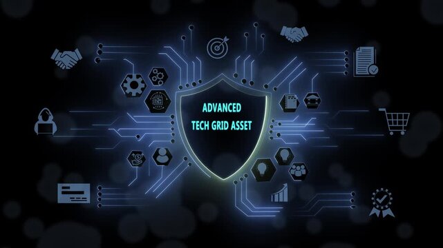 Advanced tech grid asset cyber security shield interface featuring digital network connectivity and futuristic data protection infrastructure for modern corporate business technology solutions