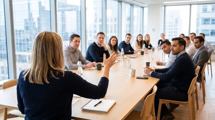 Obraz premium Professional businesswoman presenting during corporate board meeting in modern high rise office with colleagues sitting around long wooden conference table