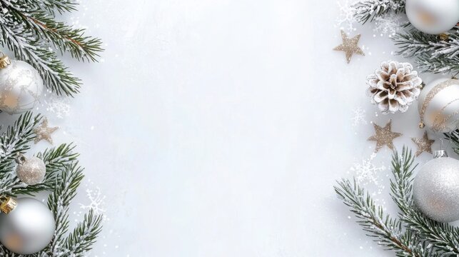 Winter holiday background with frosted pine branch and silver decor