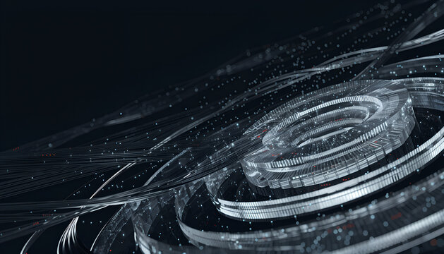 Futuristic cyber security technology abstract background with glowing data streams and complex digital rings