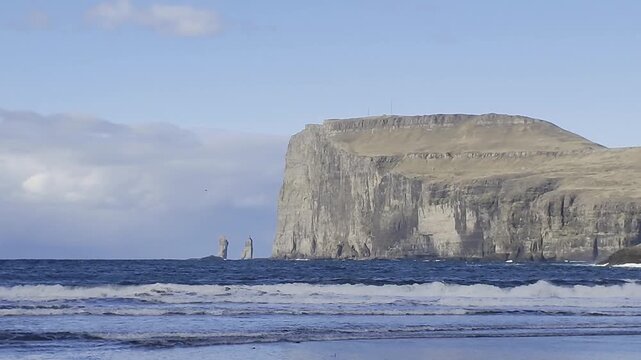 Tj&oslash;rnuv&iacute;k Black Sand Beach with Risin og Kellingin Sea Stacks, Faroe Islands