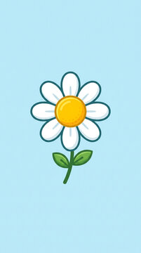 Cute cartoon daisy flower with white petals and yellow center on light blue background
