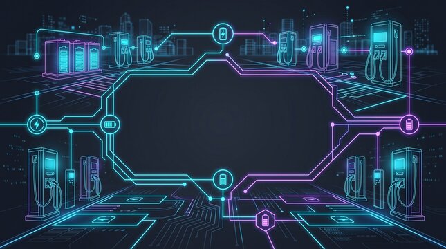 Futuristic Dark Electric Vehicle Charging Background with Glowing Neon Power Grid and Copy Space