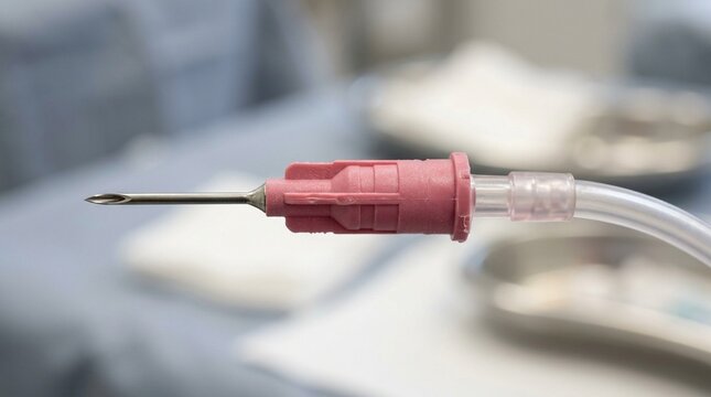 Blood draw needle close-up showing a color-coded hub &ndash; phlebotomy needle, venipuncture needle &ndash; no people, stock photo