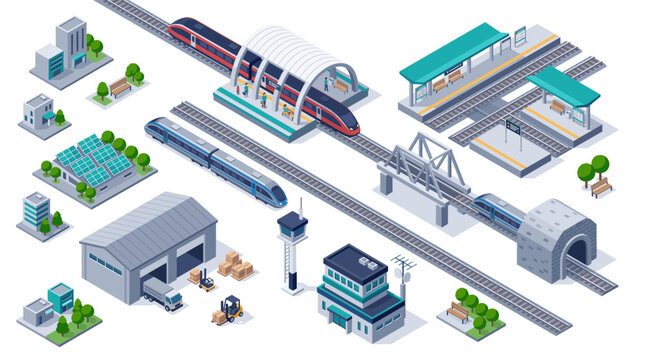 Isometric Train Station and Railway Infrastructure Elements.