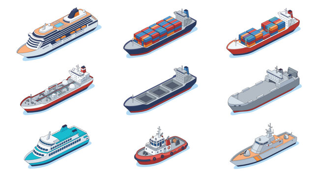 Collection of various isometric ships and boats for maritime transport and travel.