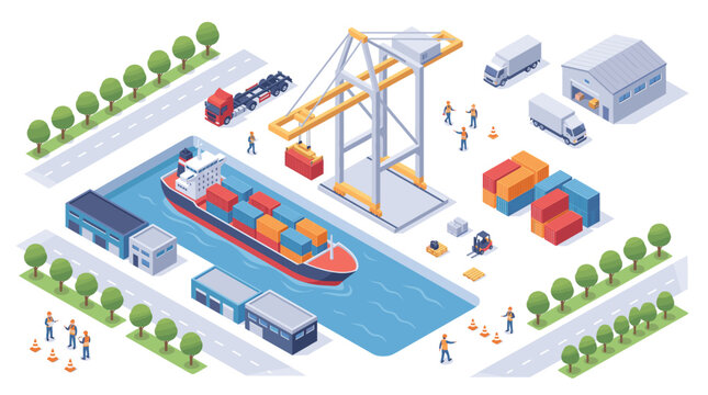 Isometric cargo port with container ship and crane for global logistics.