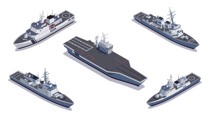 Obraz premium Isometric Military Naval Fleet Collection: Aircraft Carrier Destroyers Frigates and Patrol Boats.