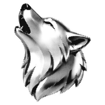 Metallic Wolf Howl with Dot Pattern Halftone Vector Transparent Background