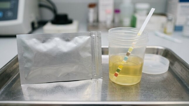 Urine dipstick test strip packaging resting beside a specimen cup &ndash; urine test strip, sealed test strip packaging &ndash; no people, stock photo