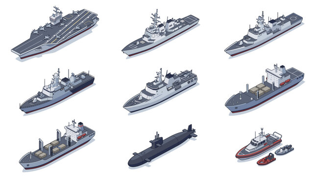 Collection of various isometric military and commercial ships and boats.