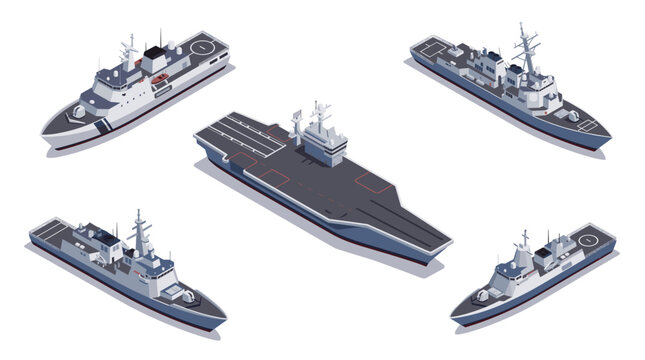 Isometric Military Naval Fleet Collection: Aircraft Carrier Destroyers Frigates and Patrol Boats.