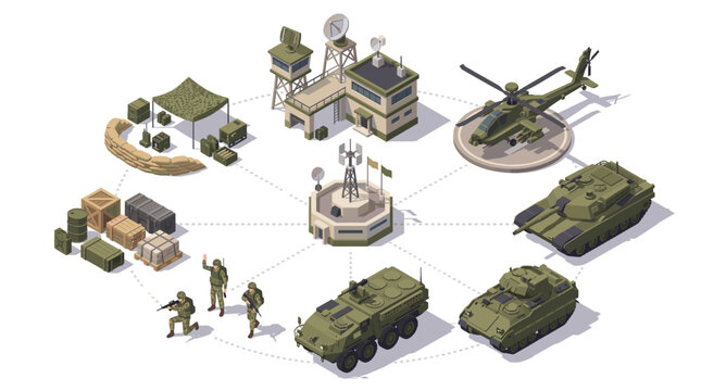 Isometric Military Base with Tanks Helicopter Soldiers and Buildings.