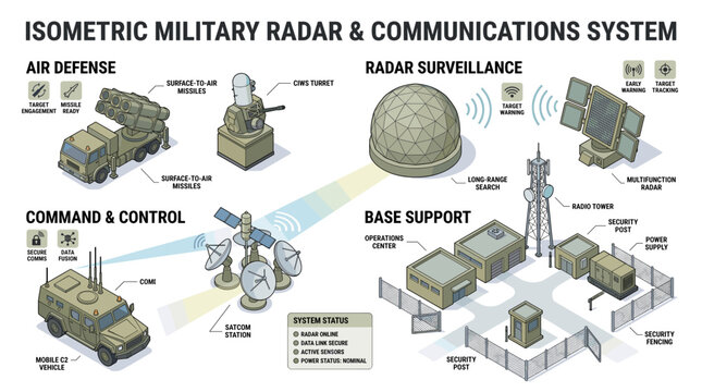 Isometric Military Radar and Communications System Diagram.