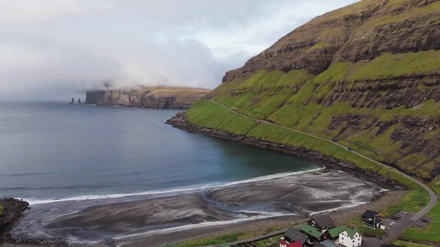 Tj&oslash;rnuv&iacute;k Black Sand Beach with Risin og Kellingin Sea Stacks, Faroe Islands