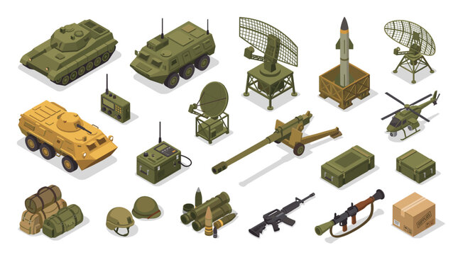 Isometric Military Equipment Collection: Tanks Artillery Missiles and Radar Systems.
