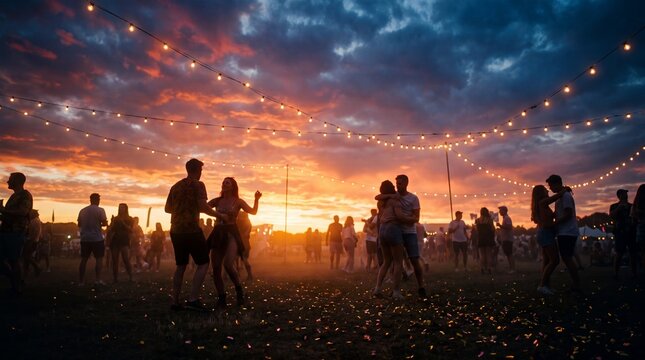 Crowd dancing at golden hour in an open field at twilight celebration
