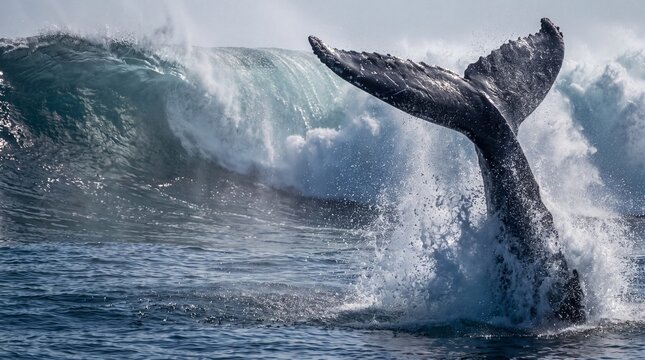 Whale fluke splashes dramatically against a massive ocean wave at midday.