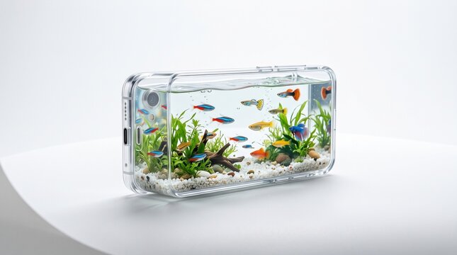 Modern rectangular aquarium with colorful fish and lush aquatic plants, clean freshwater ecosystem concept representing biodiversity, natural habitat, aquascaping, ecology and peaceful aquatic life
